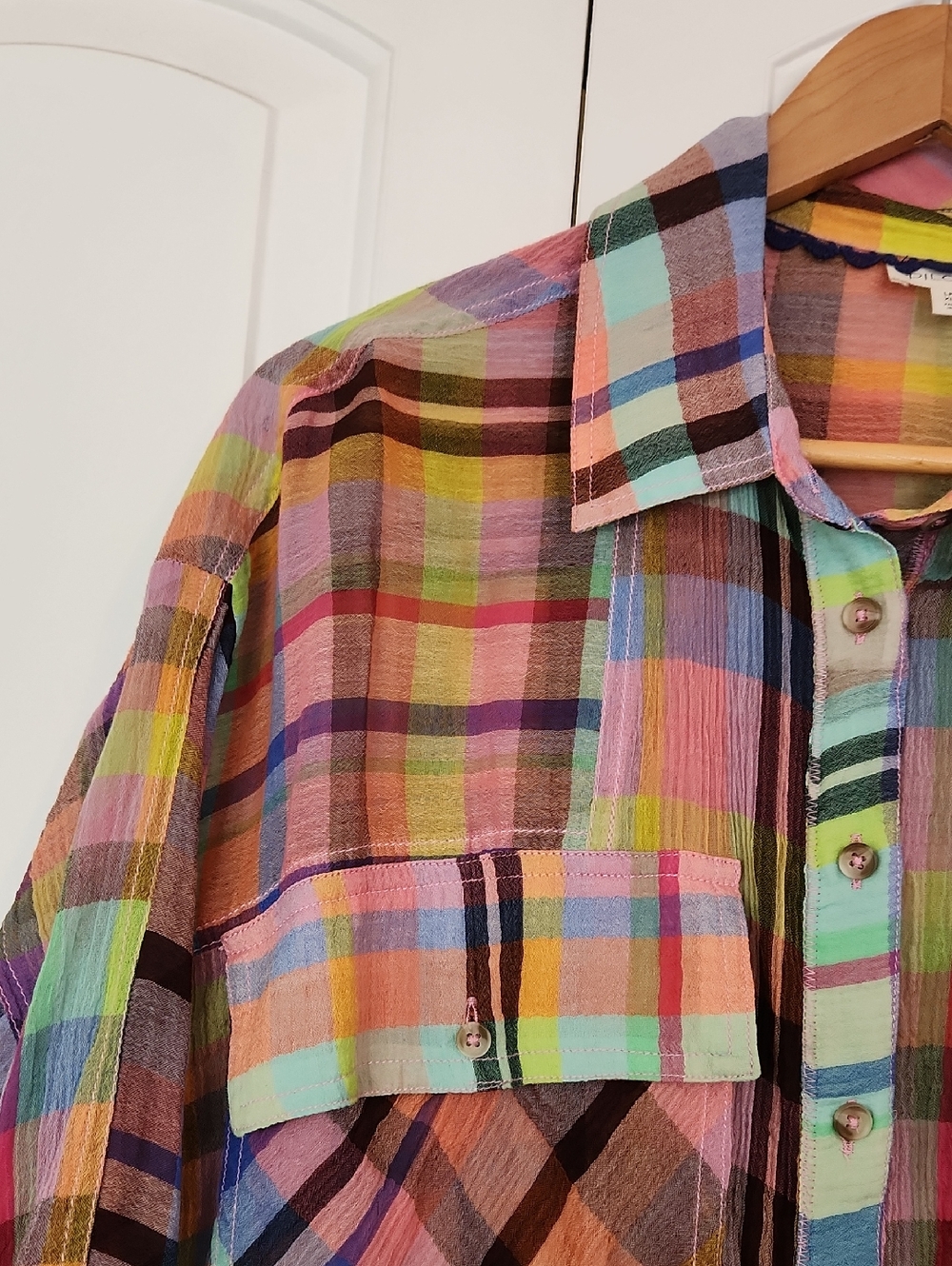 Pilcro Long-Sleeve Mixed Madras Plaid Oversized Buttondown Shirt Size XL Petite - Picture 6 of 11